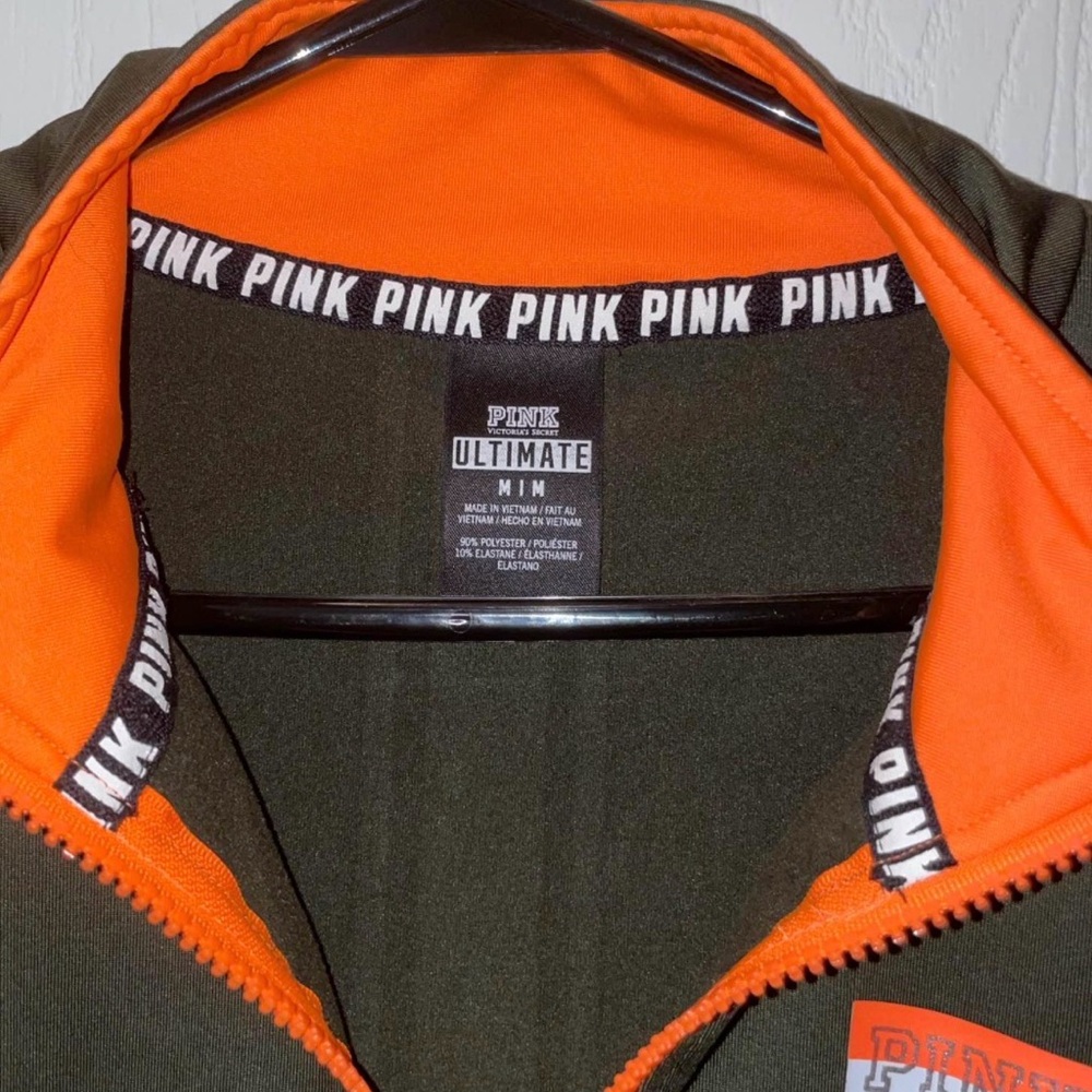 PINK Victoria's Secret Ultimate Olive Pullover with Orange Trim - Picture 3 of 5